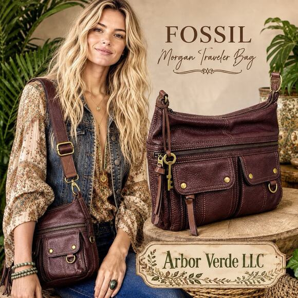 Fossil Handbags - Fossil Morgan Traveler Crossbody Shoulder Pebbled Leather Cognac Brown Brass